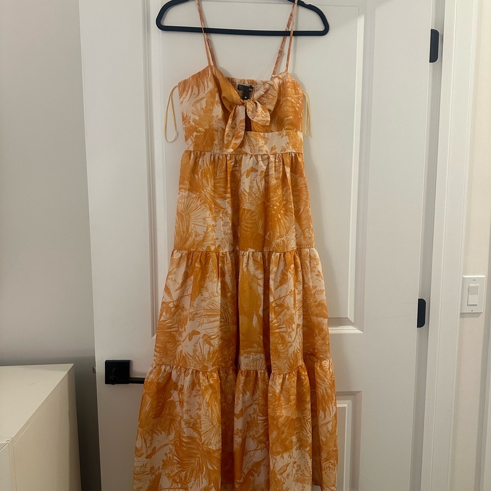 Bloomingdale’s Aqua Yellow and White Tropical Maxi Dress